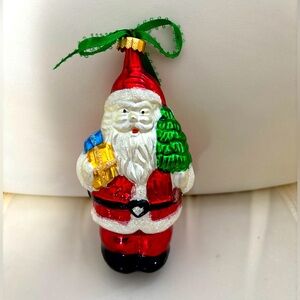 Vintage Christmas Ornament Glass Santa Red Suit Holding Gifts And Xmas Tree Rare